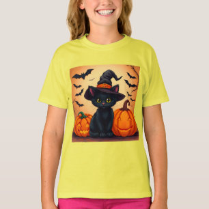 Camiseta Gato Preto Fofo de Chapéu de Bruxa Cercado por Abó