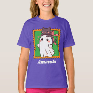 Camiseta Gato Preto Fofo de Fantasma de Halloween com Laço
