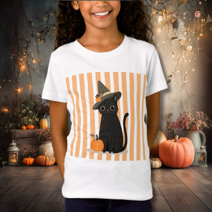 Camiseta Gato Preto Fofo de Halloween com Chapéu de Bruxa A