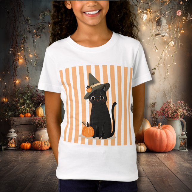 Camiseta Gato Preto Fofo de Halloween com Chapéu de Bruxa A (Criador carregado)