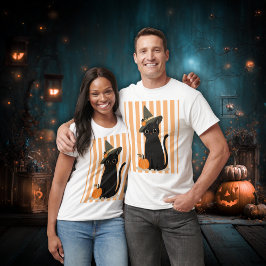 Camiseta Gato Preto Fofo de Halloween com Chapéu de Bruxa e