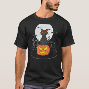 Camiseta Gato Preto Fofo de Halloween em Abóbora Lua Cheia