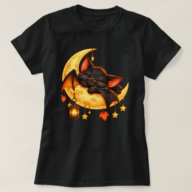 Camiseta Gato Preto Fofo de Halloween Lua (Frente do Design)
