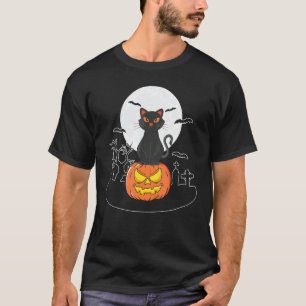 Camiseta Gato Preto Fofo de Halloween no Abóbora Lua Cheia