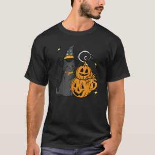 Camiseta Gato Preto Fofo E Rosto De Abóbora Halloween Roupa