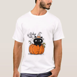 Camiseta Gato preto fofo em abóbora com chapéu de bruxa T c