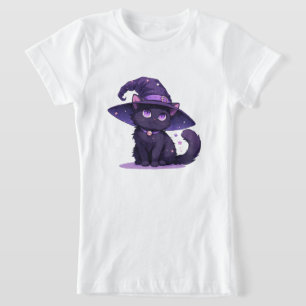 Camiseta Gato Preto Fofo Em Chapéu De Bruxa Roxo Magia ✨