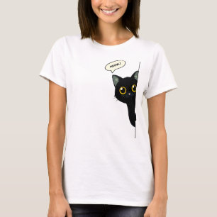 Camiseta Gato Preto Fofo Espiando ao Redor da Esquina Eng