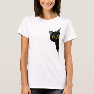 Camiseta Gato Preto Fofo Espiando Atrás da Quina | Engraçad