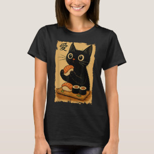 Camiseta Gato Preto Fofo Kawaii Comendo Sushi Japonês Engra