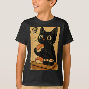 Camiseta Gato Preto Fofo Kawaii Comendo Sushi Japonês Engra