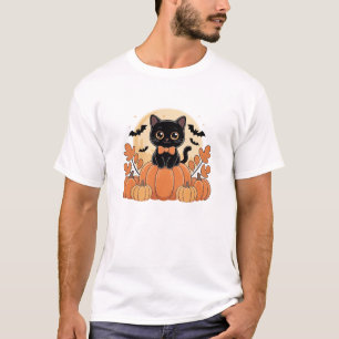 Camiseta Gato Preto Fofo Kawaii Sentado em um Laço de Abóbo