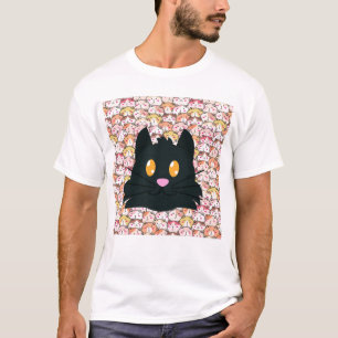 Camiseta Gato Preto Fofo na Arte de Padrão de Gatos Colorid
