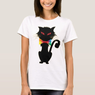 Camiseta Gato Preto Fofo Olhos Vermelhos Desenho Cores Arco