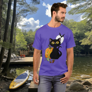 Camiseta Gato Preto Fofo Roxo Assustador Abóbora de Hallowe