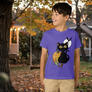 Camiseta Gato Preto Fofo Roxo Assustador Abóbora de Hallowe