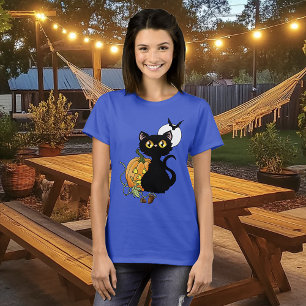 Camiseta Gato Preto Fofo Roxo Assustador Abóbora de Hallowe