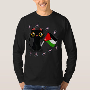 Camiseta gato preto fofo segura bandeira da Palestina