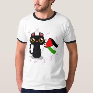 Camiseta gato preto fofo segura bandeira da Palestina