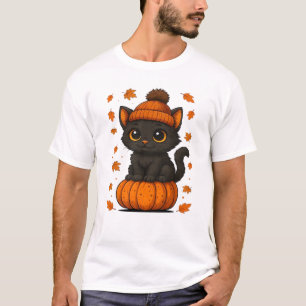 Camiseta Gato Preto Fofo Sentado na Abóbora Outono Estético