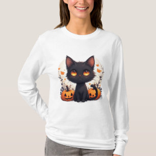 Camiseta Gato Preto Fofo Sentado no Abóbora Jack O Lantern