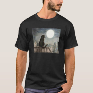 Camiseta gato preto fofo sentado olhando a lua gatinho Kitt