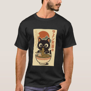 Camiseta Gato Preto Fofo Tomando Ramen Arte de Macarrão Jap
