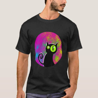 Camiseta Gato preto fundo colorido olhos brilhantes