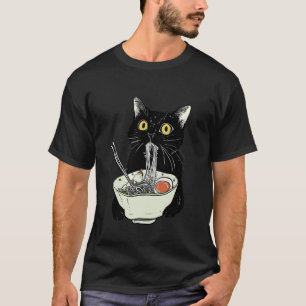Camiseta Gato Preto Gato Engraçado Comendo Ramen Japonês Vi