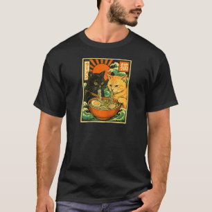 Camiseta Gato Preto Gato Laranja Sorvendo Ramen Gato Japonê
