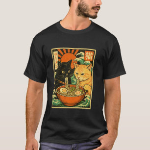 Camiseta Gato Preto Gato Laranja Sorvendo Ramen Gato Japonê