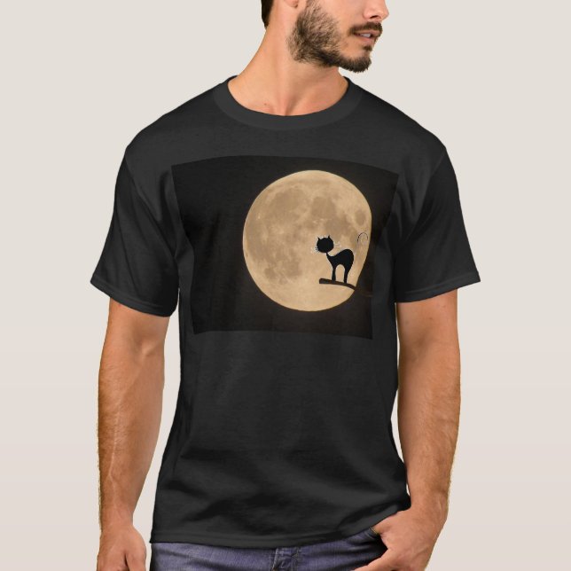 Camiseta Gato preto gótico do Halloween com lua de cheio (Frente)