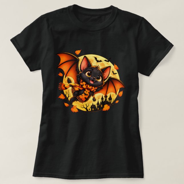 Camiseta Gato Preto Halloween Morcego Lua Fofa (Frente do Design)