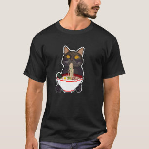Camiseta Gato Preto Japonês Engraçado Comendo Ramen Estampa