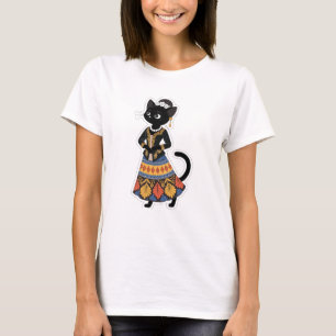 Camiseta Gato Preto Javanês Estético em Kebaya Tradicional