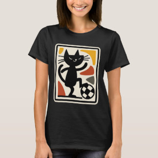 Camiseta Gato Preto Jogando Futebol Arte em Estilo Retro Es