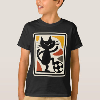 Camiseta Gato Preto Jogando Futebol Arte em Estilo Retro Es