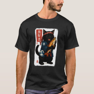 Camiseta Gato Preto Kanji Japonês Peixe Japão Amante de Ani
