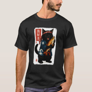 Camiseta Gato Preto Kanji Japonês Peixe Japão Amante de Ani