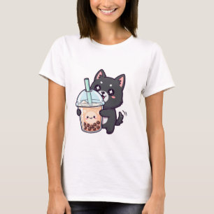 Camiseta Gato Preto Kawaii Bebendo Chá Boba - Adorável Anim