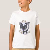 Gato preto Kawaii, bonito, com camiseta-do-peixe