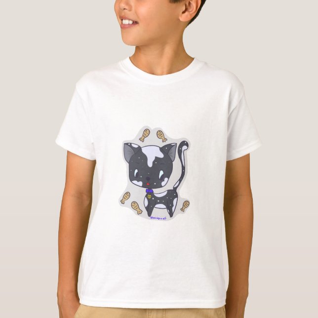 Camiseta Gato preto Kawaii, bonito, com camiseta-do-peixe (Frente)