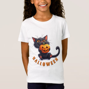 Camiseta Gato Preto Kawaii Com Torre de Abóbora Halloween �