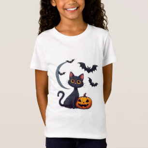 Camiseta Gato Preto Kawaii E Morcegos Amigáveis Halloween �