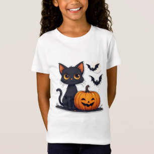Camiseta Gato Preto Kawaii E Pilha De Abóbora No Halloween 