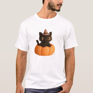 Camiseta Gato Preto Kawaii em Abóbora  Halloween de Feltro 