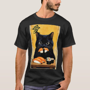 Camiseta Gato Preto Kawaii Fofo Comendo Sushi Japonês Engra