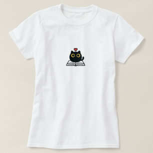 Camiseta Gato Preto Kawaii Fofo Lendo Livro Cartoon