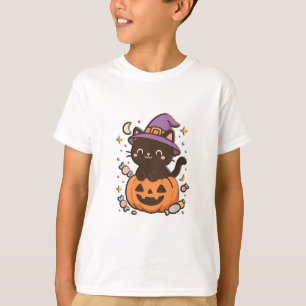 Camiseta Gato Preto Kawaii na Pumpkin - T-Shi do Halloween