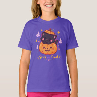 Camiseta Gato Preto Kawaii no Halloween Abóbora Doces ou Tr